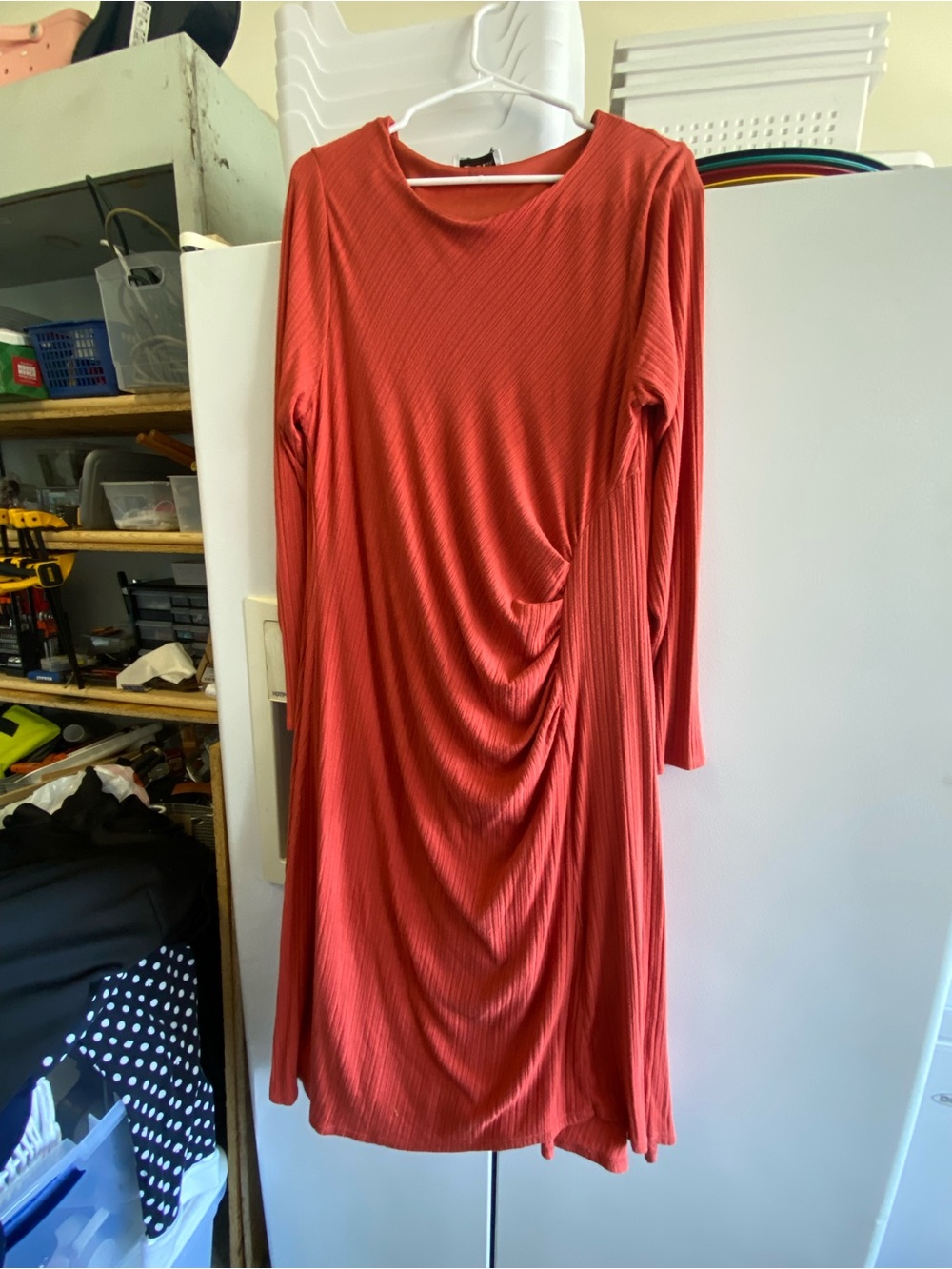 Long Sleeve Ruched Midi Dress in Rust